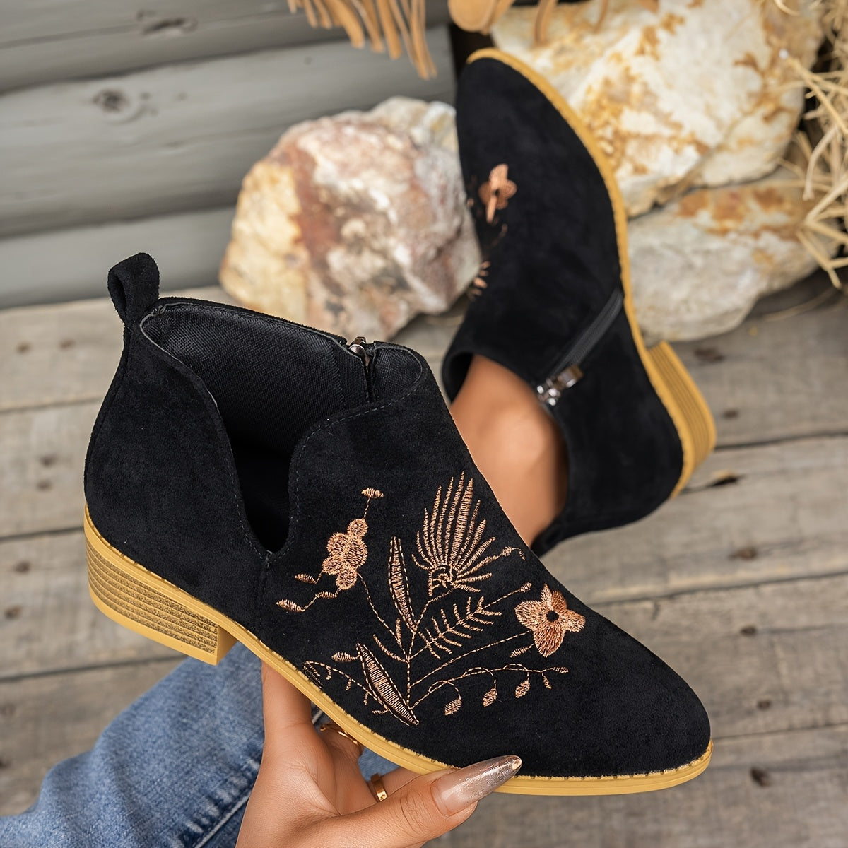 Women's Pointed V-Cut Ankle Boots with Stitched Embroidery