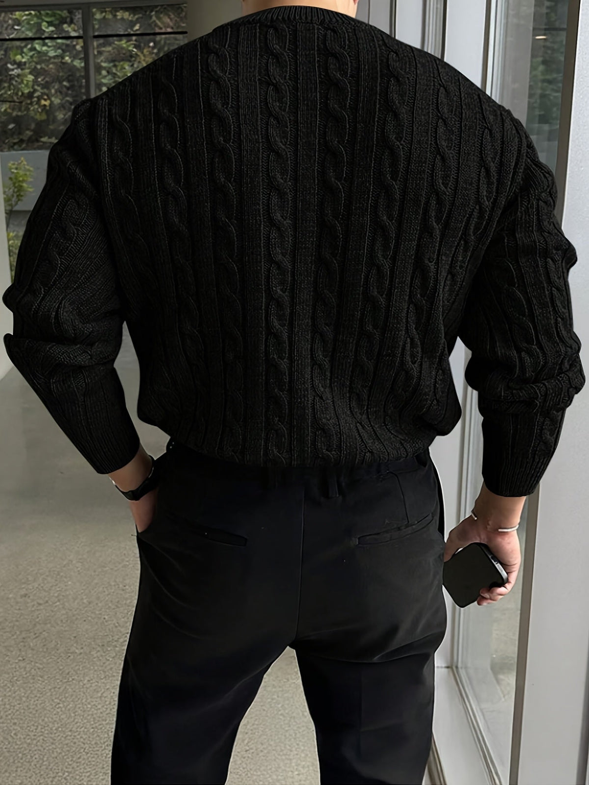 Men's Raised Cable Crew Neck Jumper for Office Layering
