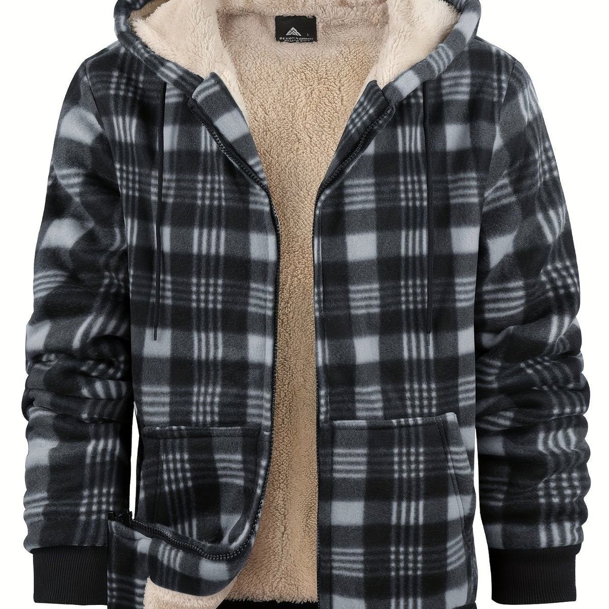 Men's Easy-Fit Hooded Jacket with Plush Lining and Front Pockets - Black