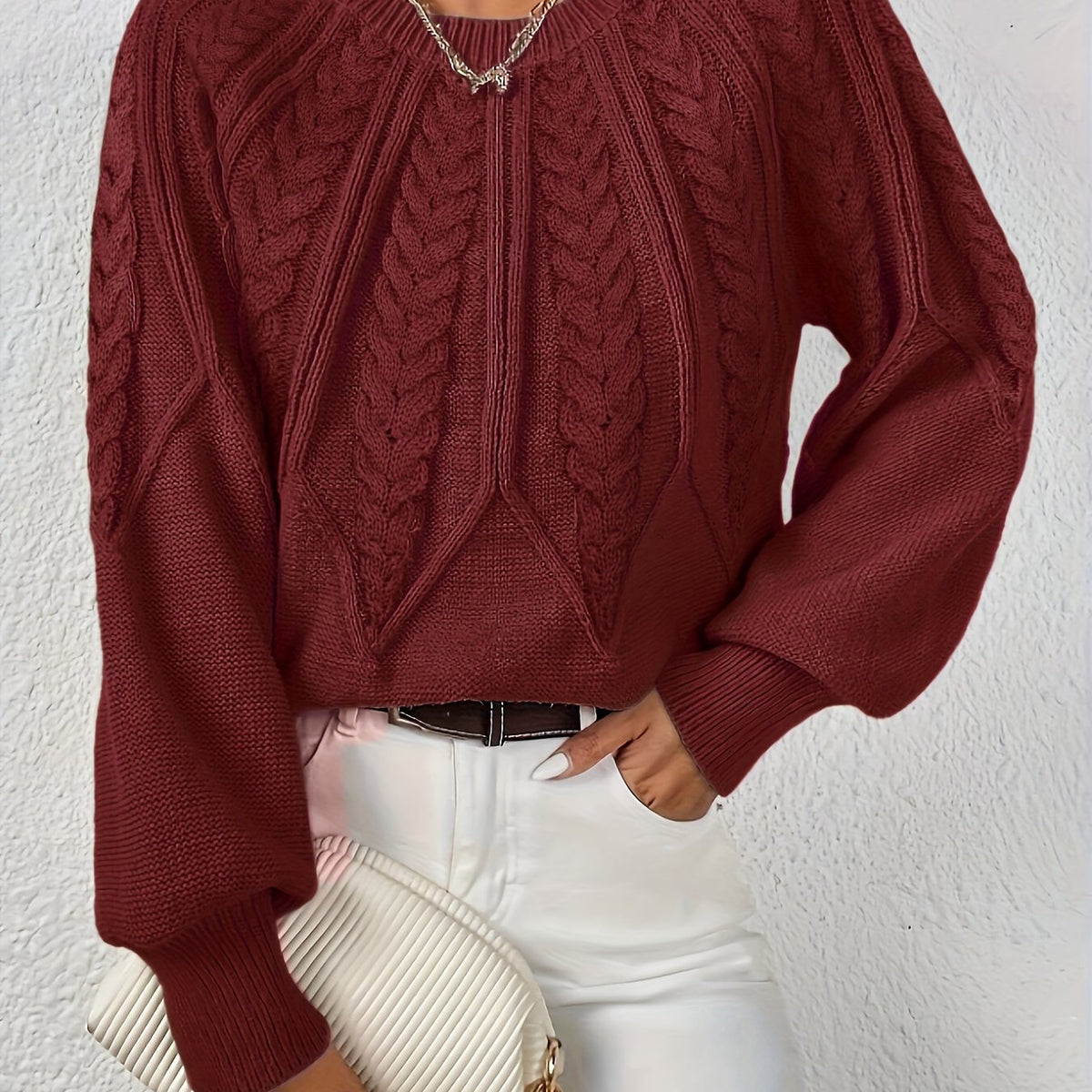 Women's Everyday Raglan Cable-Knit Jumper with Round Neckline - Burgundy
