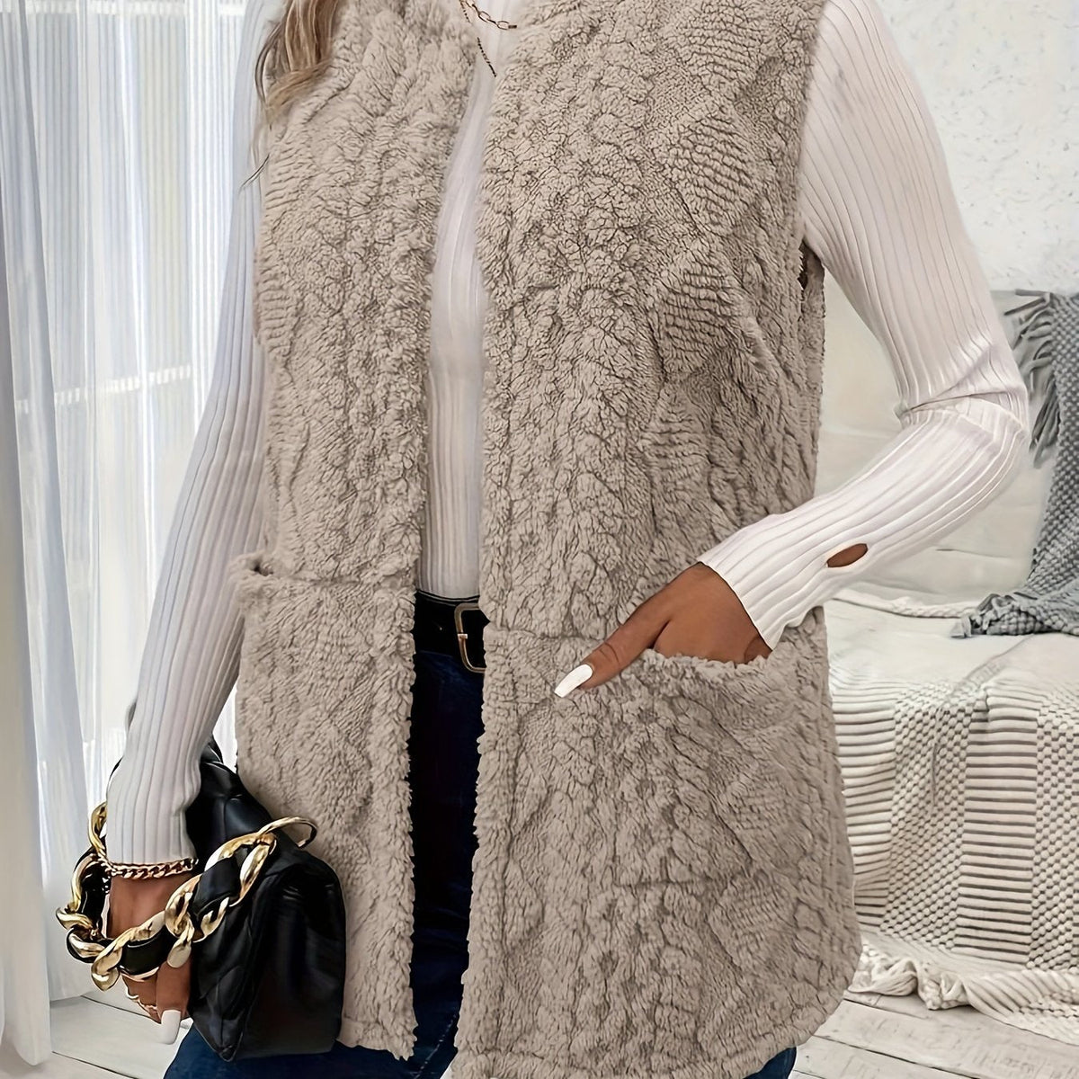 Women's Open-Front Draped Plush Layering Gilet - Khaki
