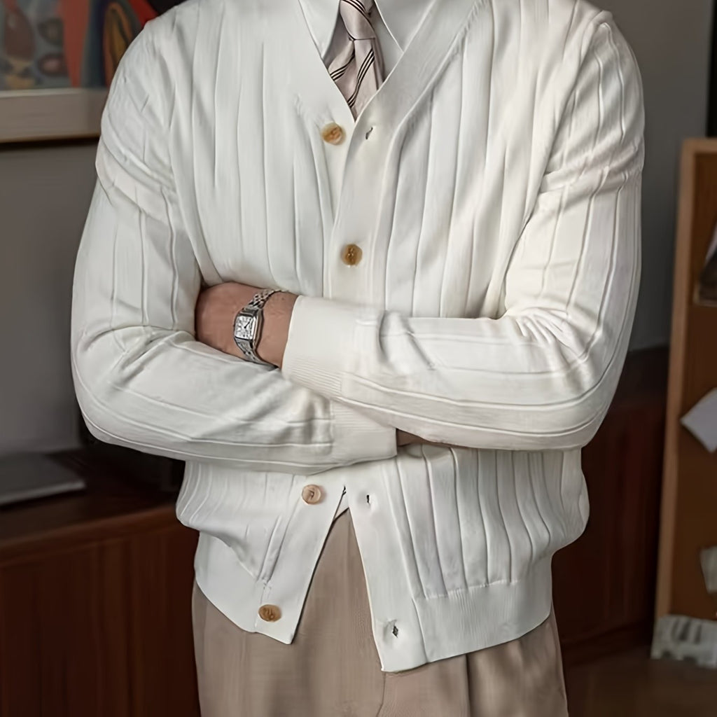 Men's Relaxed Knitted Cardigan with Button Front for Cool Evenings - White