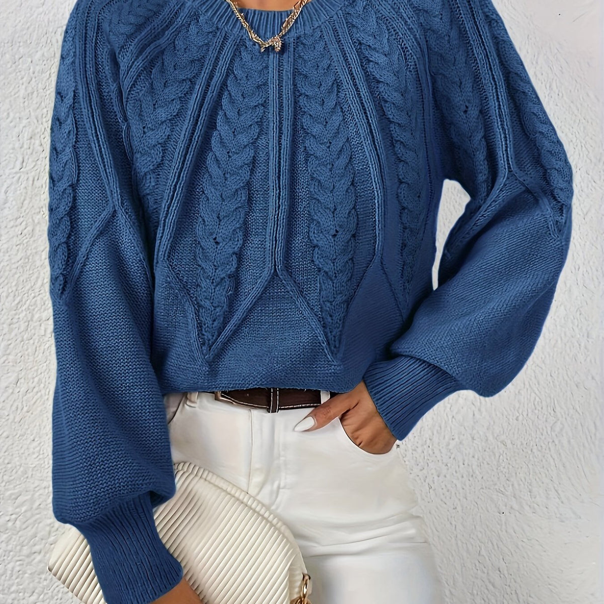 Women's Everyday Raglan Cable-Knit Jumper with Round Neckline - Navy