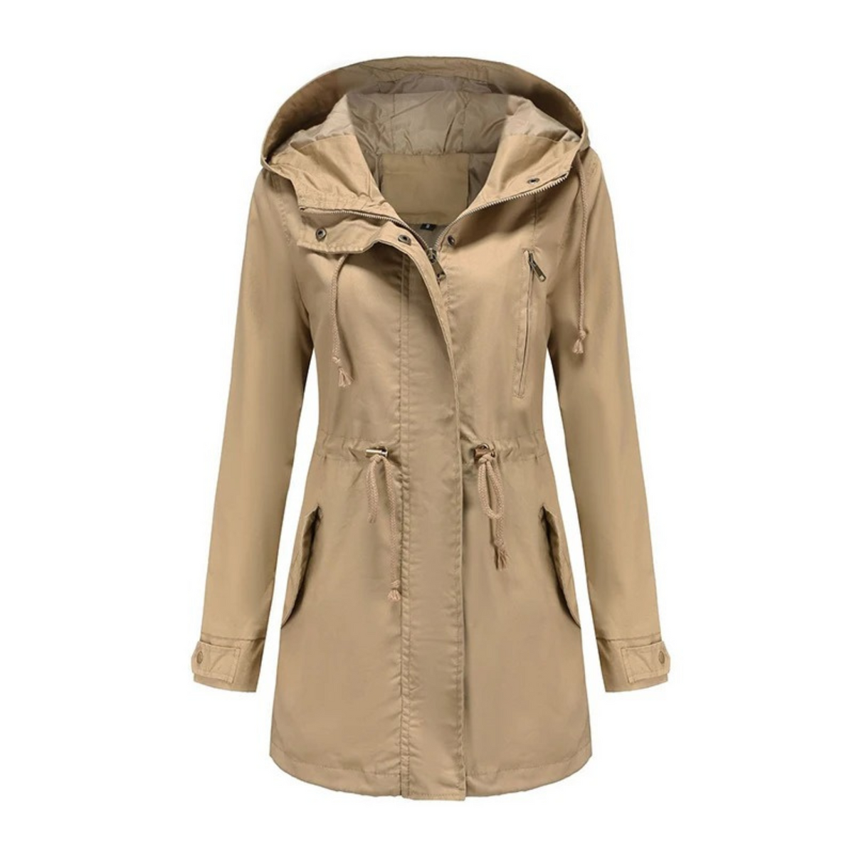 Women's Mid-Length Drawstring Utility Jacket with Integrated Hood - Light Brown