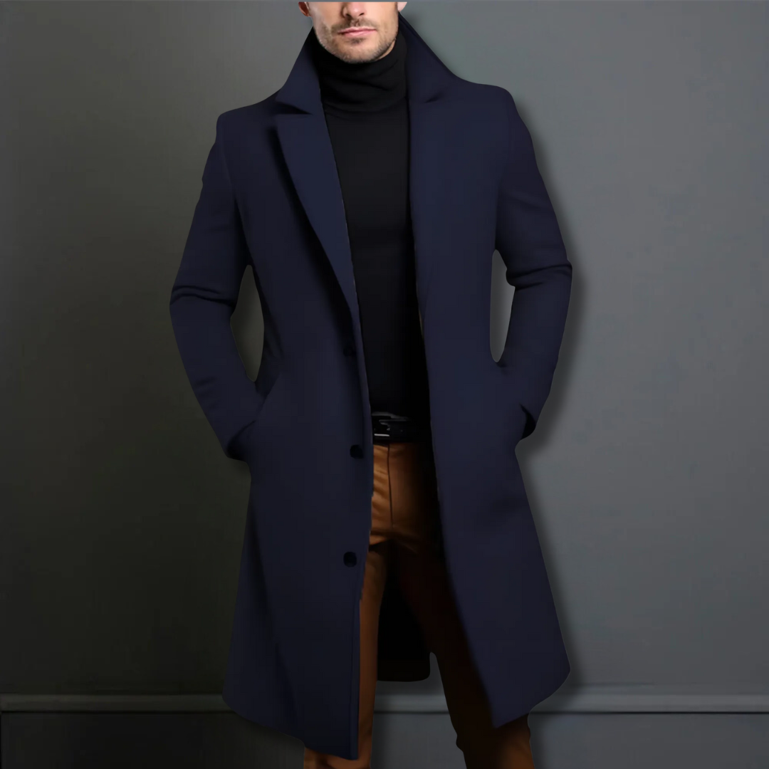 Men's Single-Breasted Trench Coat for Office to Evening - Dark Blue