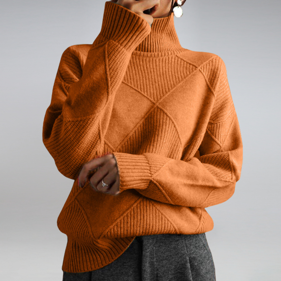 Women's Diamond Motif Roll Neck Jumper in Breathable Wool Blend - Orange