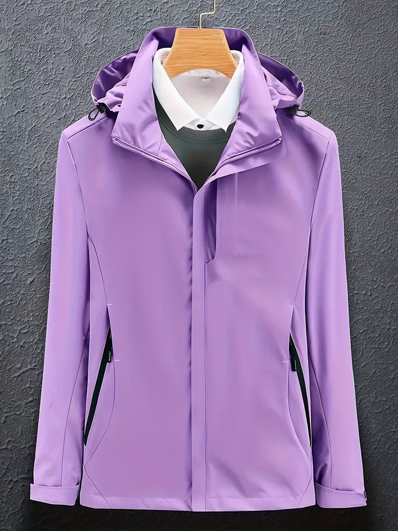 Women's Windproof Zip-Up Softshell Jacket with Hood and High Collar - Light Purple
