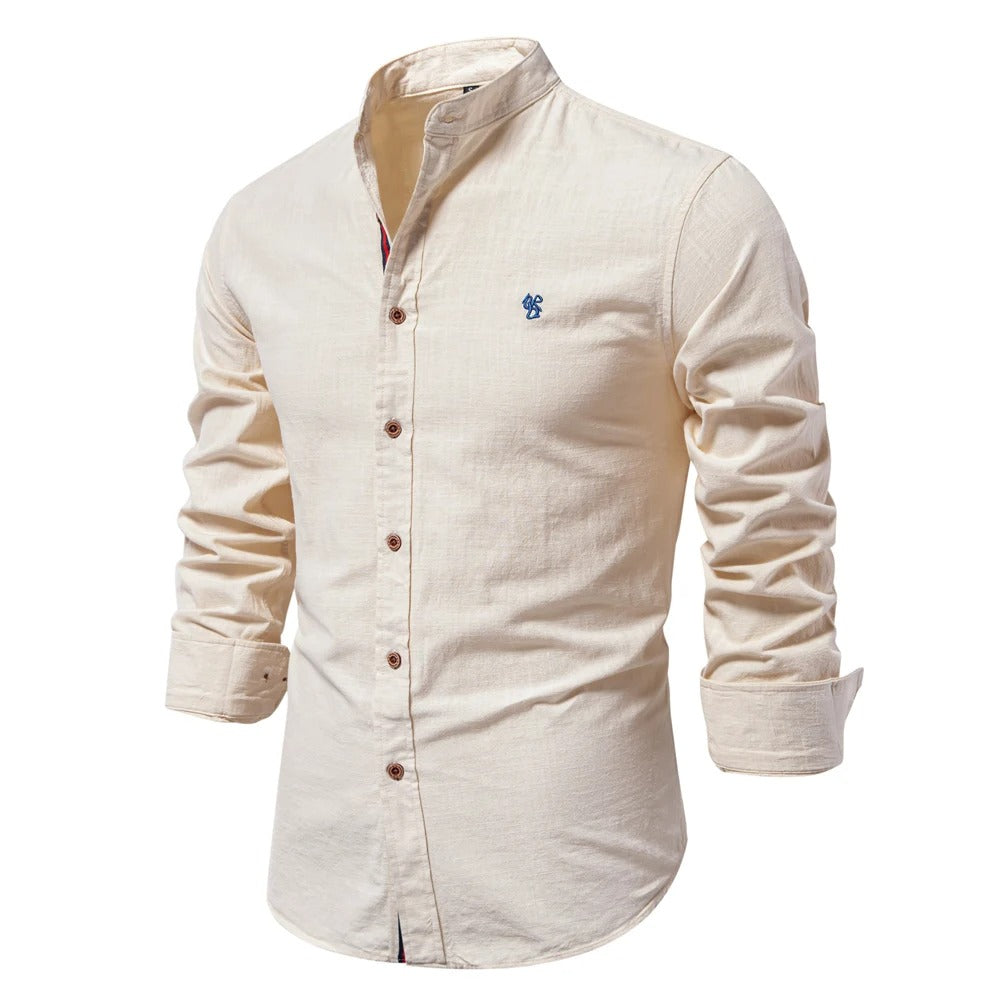 Men's Lightweight Band Collar Summer Shirt in Cotton - Beige