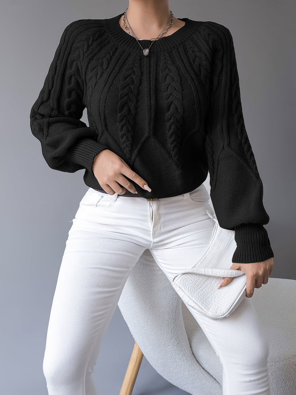Women's Cable-Knit Jumper with Gathered Lantern Sleeves