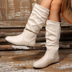 Women's Gathered Low-Heel Boots with Cushioned Footbed and Side Zip - White