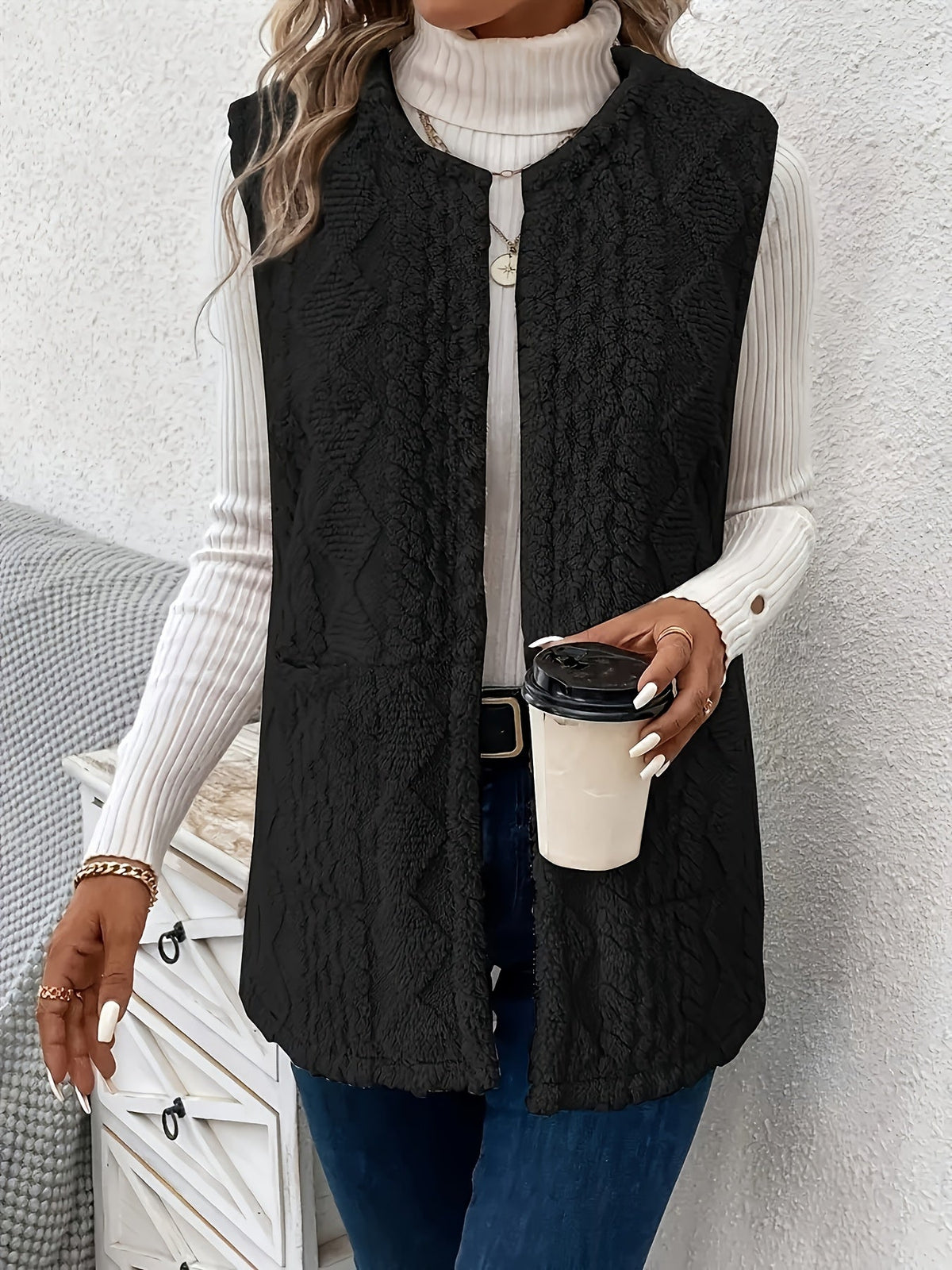 Women's Open-Front Draped Plush Layering Gilet