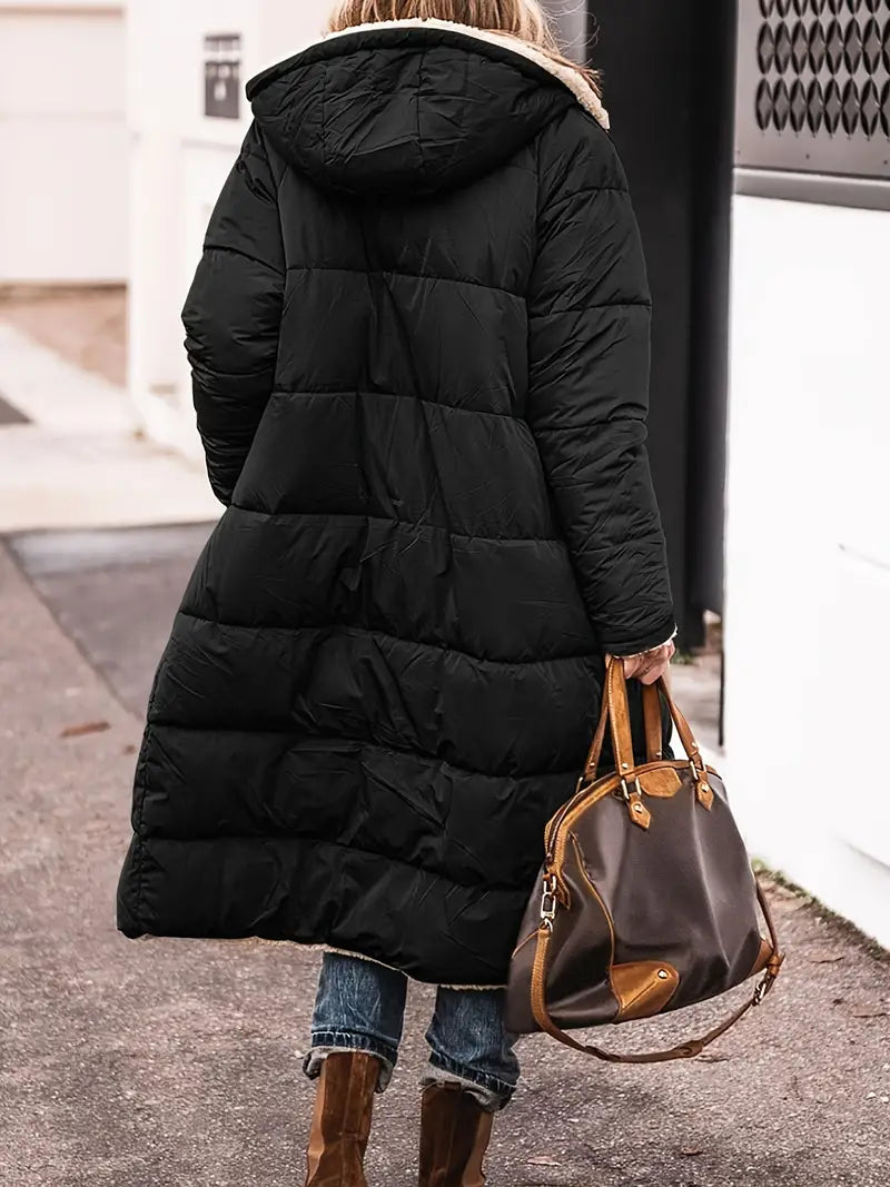 Women's Hooded Reversible Sherpa Coat with Quilted Padded Side
