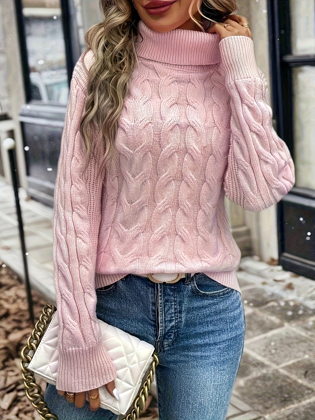 Women's Lightly Shaped Twisted Cable Roll Neck Jumper