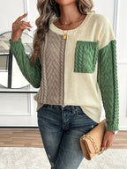 Women's Patch Pocket Cable-Knit Jumper with Two-Tone Panels