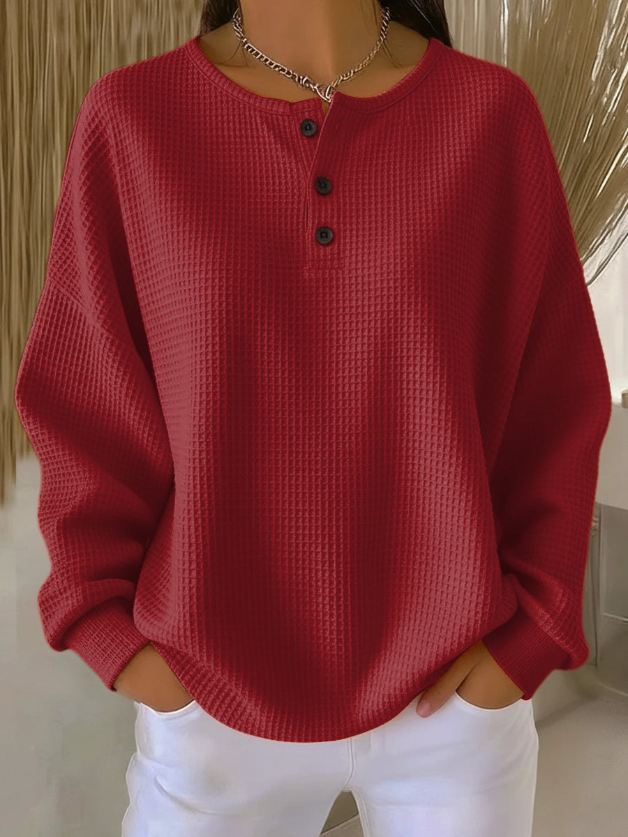 Women's Long-Sleeve Button Placket Top in a Loose Henley Cut - Red