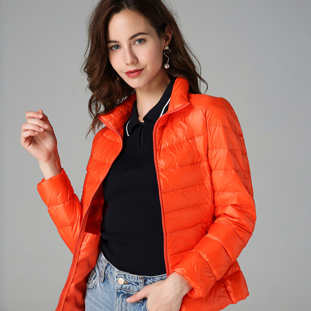 Women's Breathable Feather-Fill Raincoat that Packs into a Pouch - Orange
