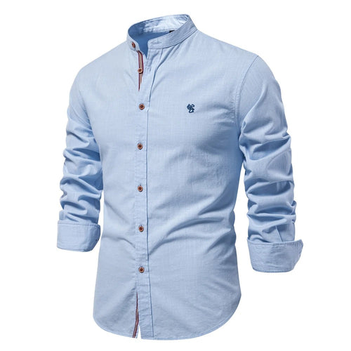 Men's Lightweight Band Collar Summer Shirt in Cotton - Blue