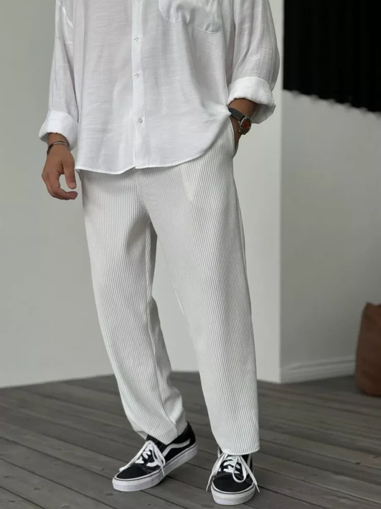 Men's Pull-On Baggy Wide-Leg Trousers for City Days - White