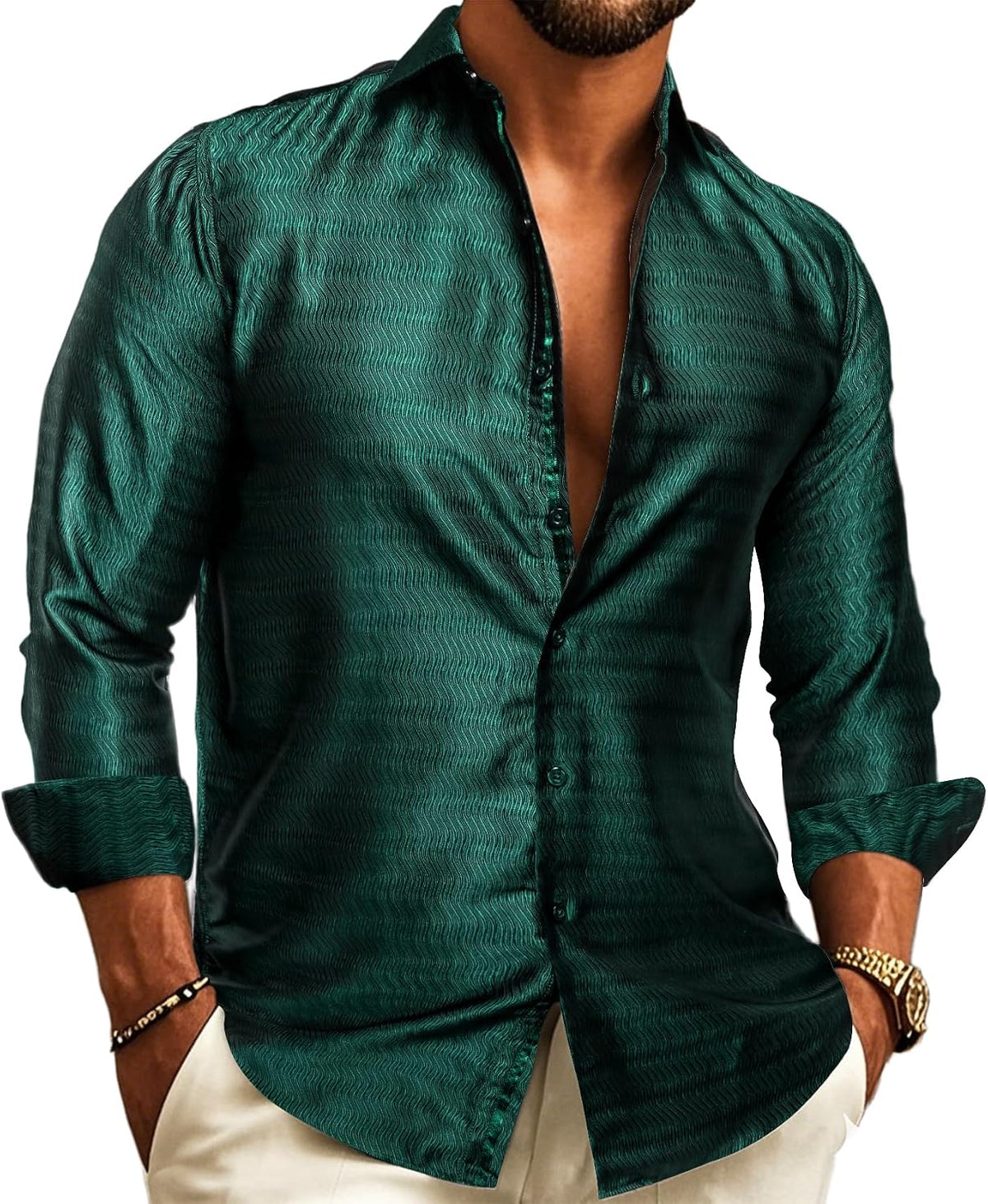 Men's Paisley Jacquard Party Shirt with Silk-Style Finish - Dark Green
