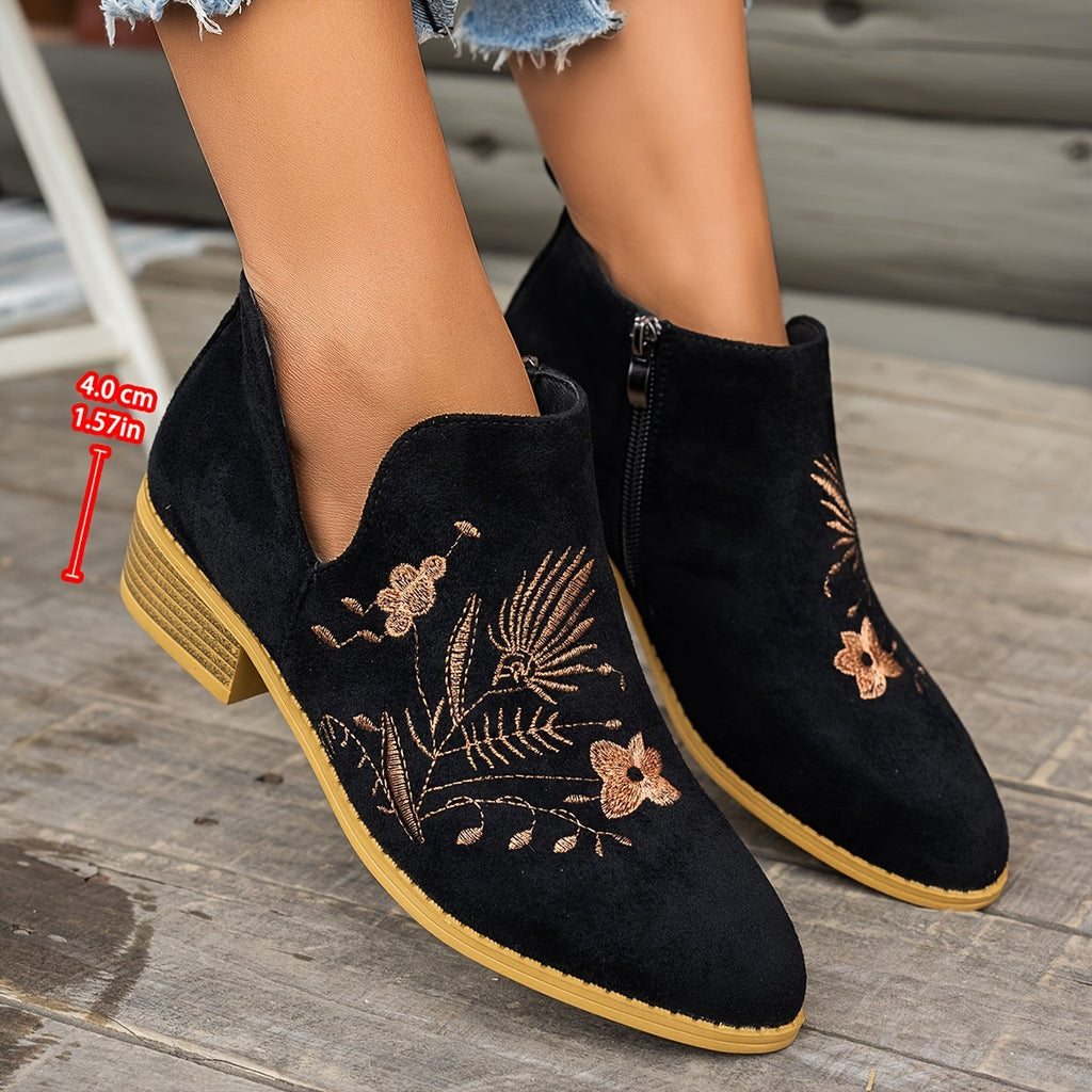 Women's Pointed V-Cut Ankle Boots with Stitched Embroidery
