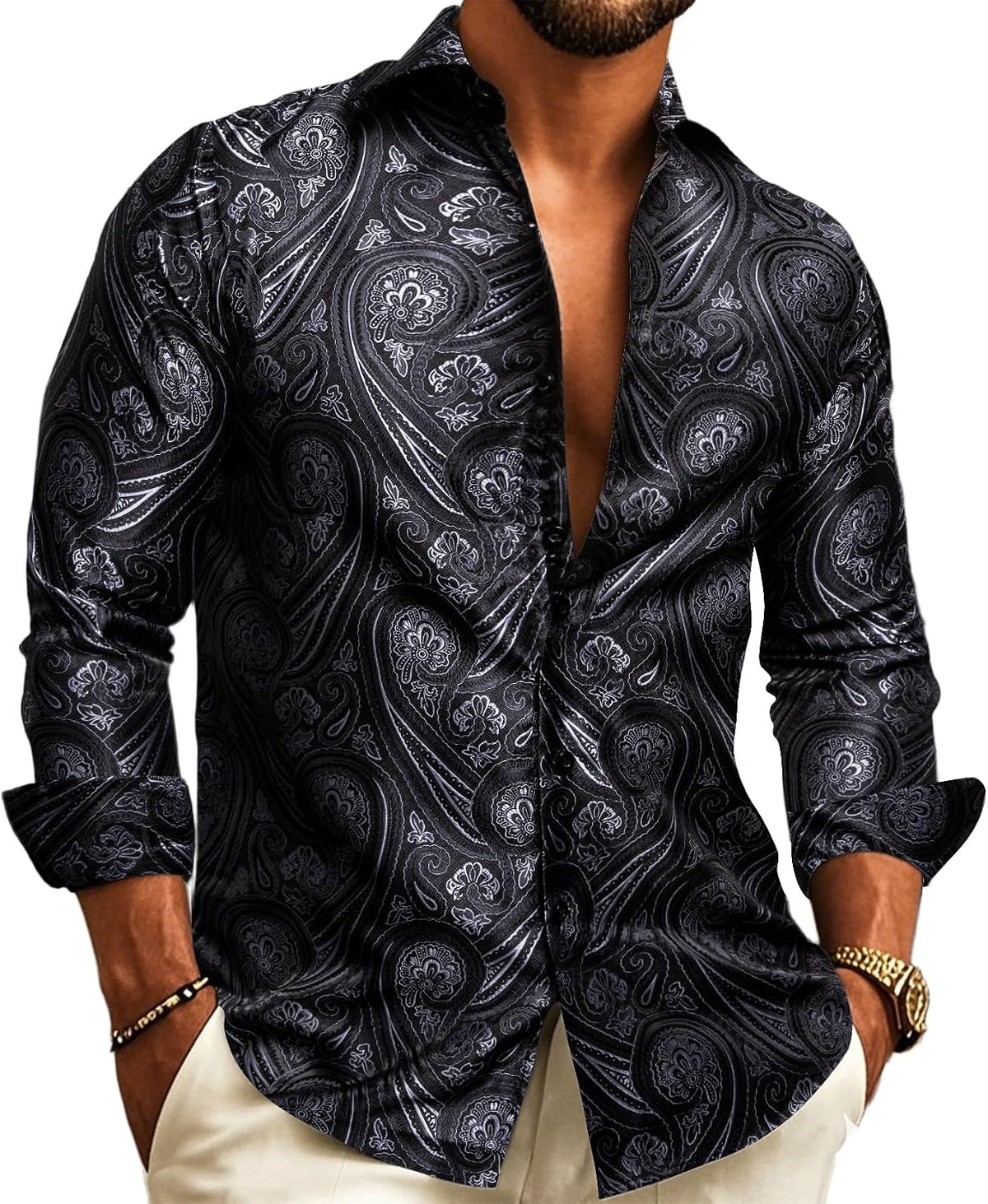 Men's Paisley Jacquard Party Shirt with Silk-Style Finish - Black Grey