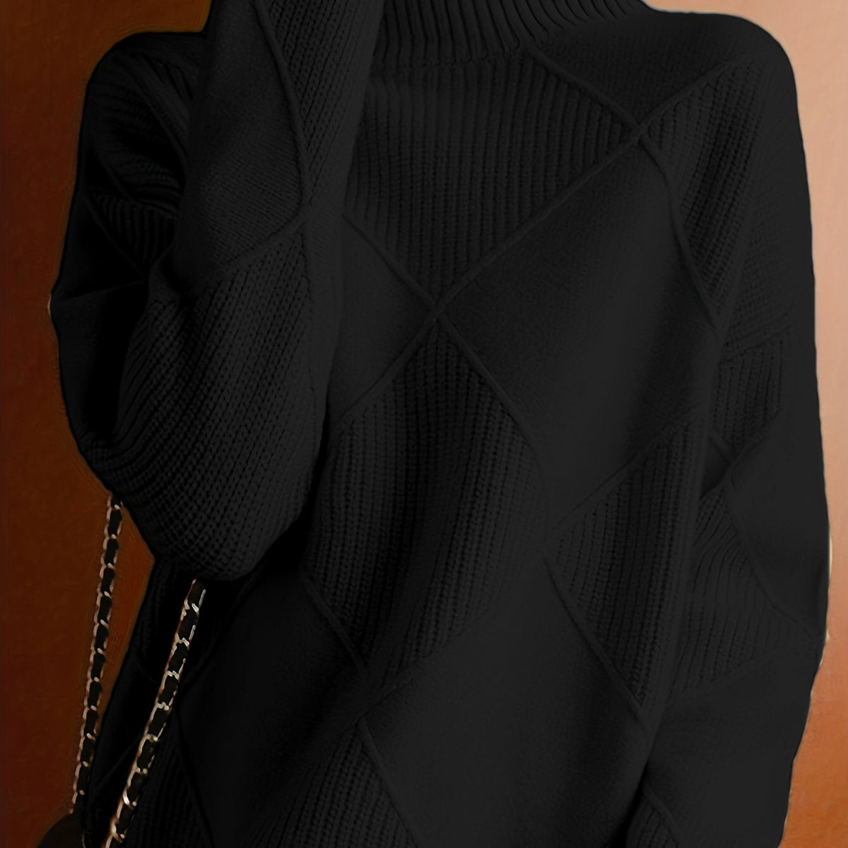 Women's Relaxed High Neck Jumper with Diamond Knit Pattern - Black