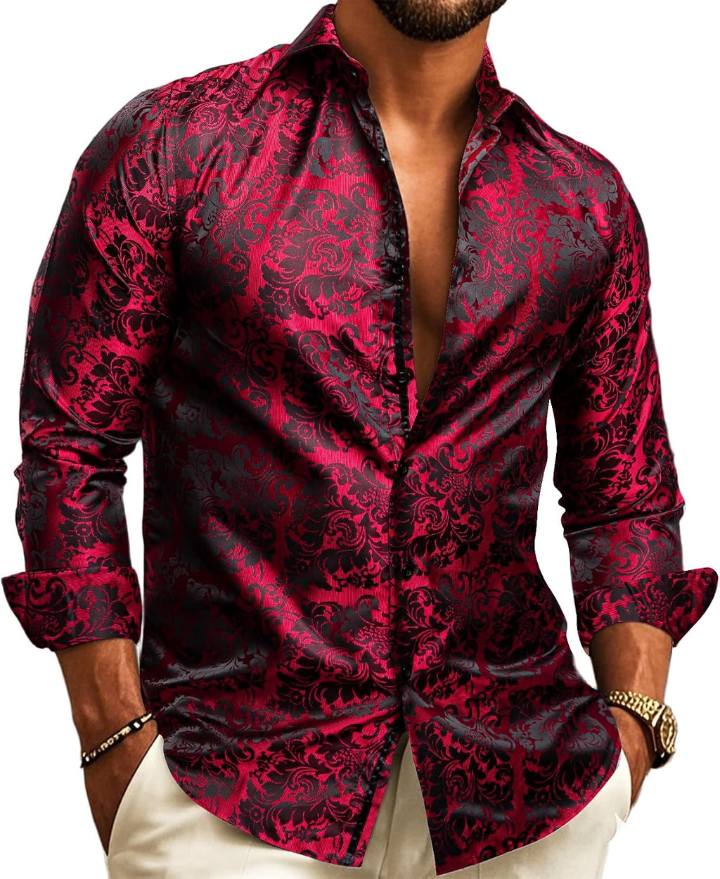 Men's Paisley Jacquard Party Shirt with Silk-Style Finish