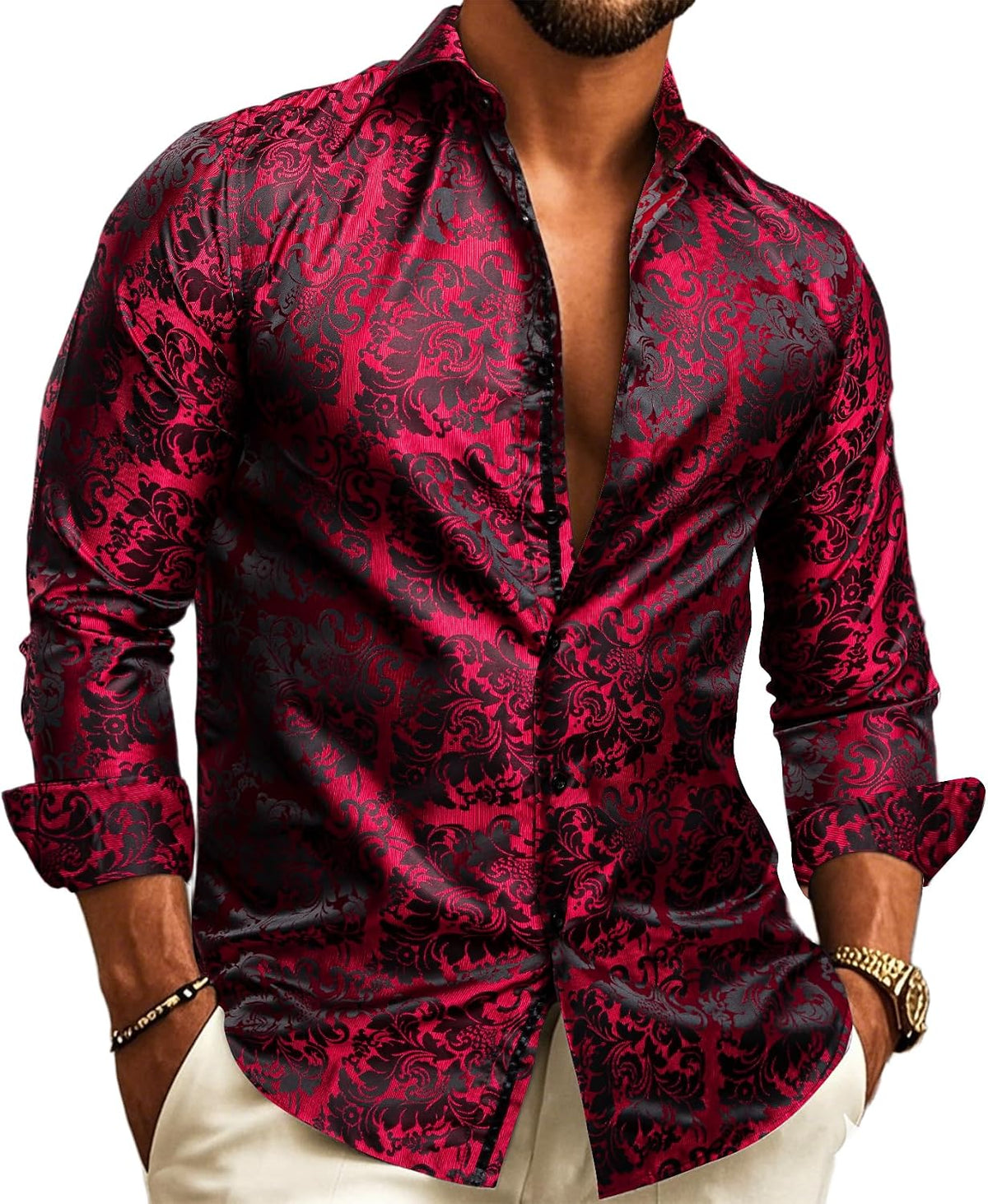 Men's Paisley Jacquard Party Shirt with Silk-Style Finish