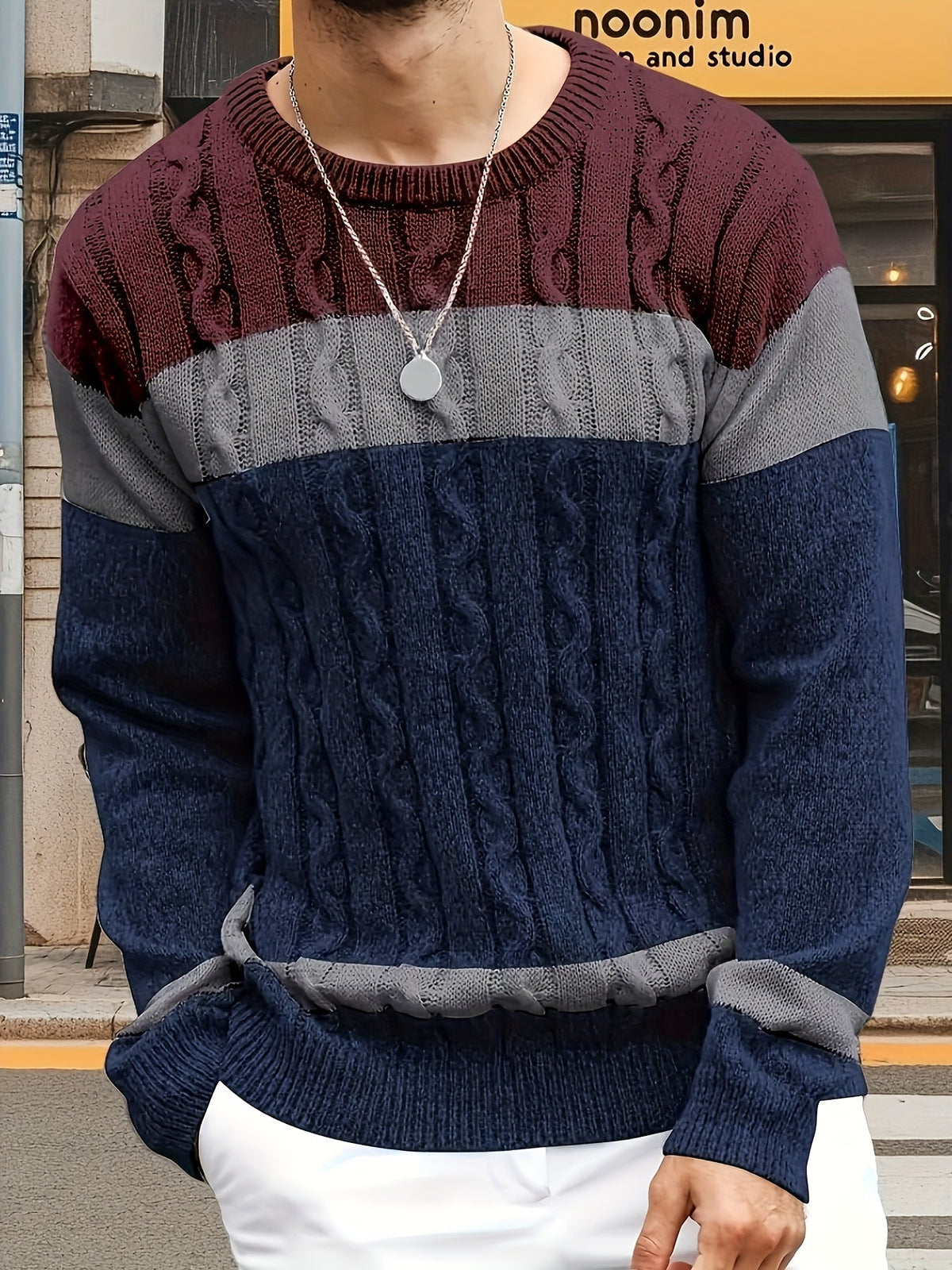 Men's Contrast-Panel Cable Knit Jumper