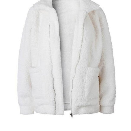 Women's Oversized Borg Zip-Up with Generous Collar and Patch Pockets