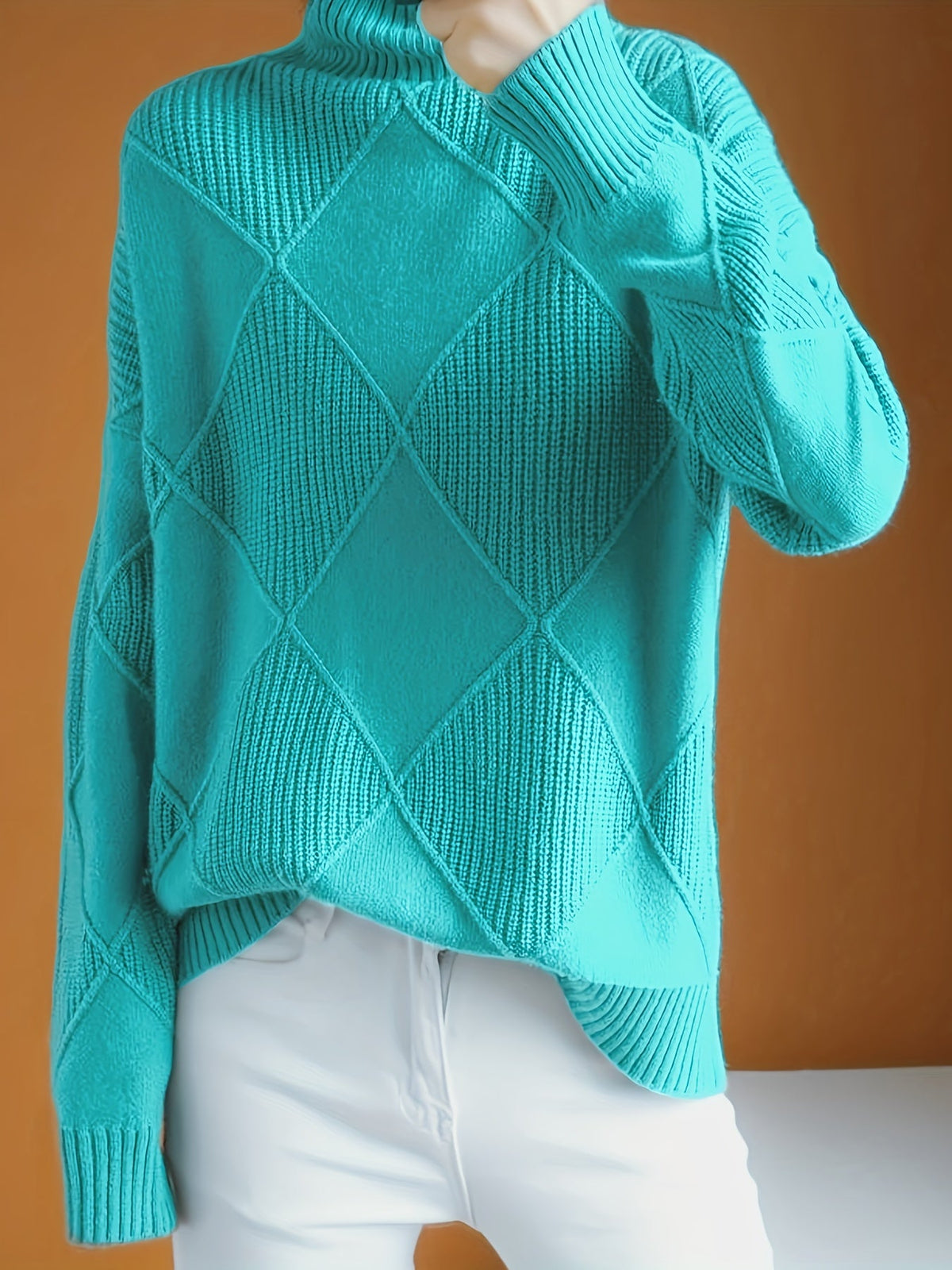 Women's Relaxed High Neck Jumper with Diamond Knit Pattern