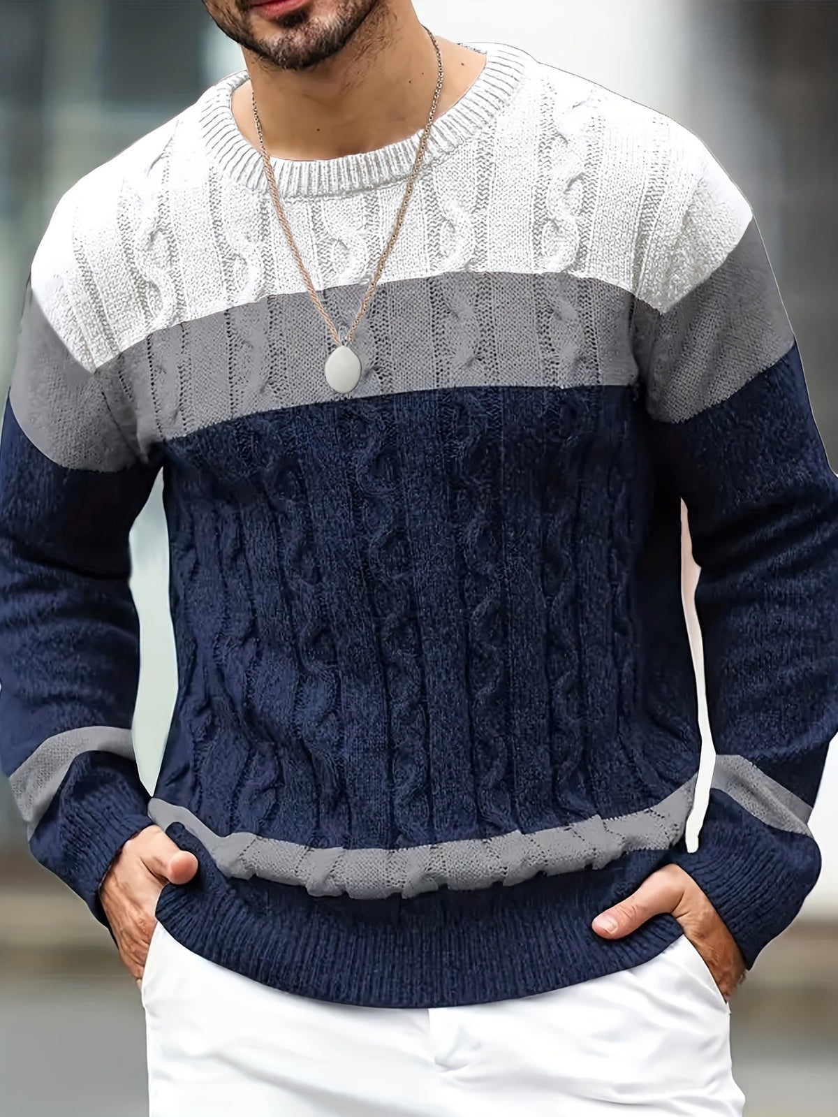 Men's Contrast-Panel Cable Knit Jumper