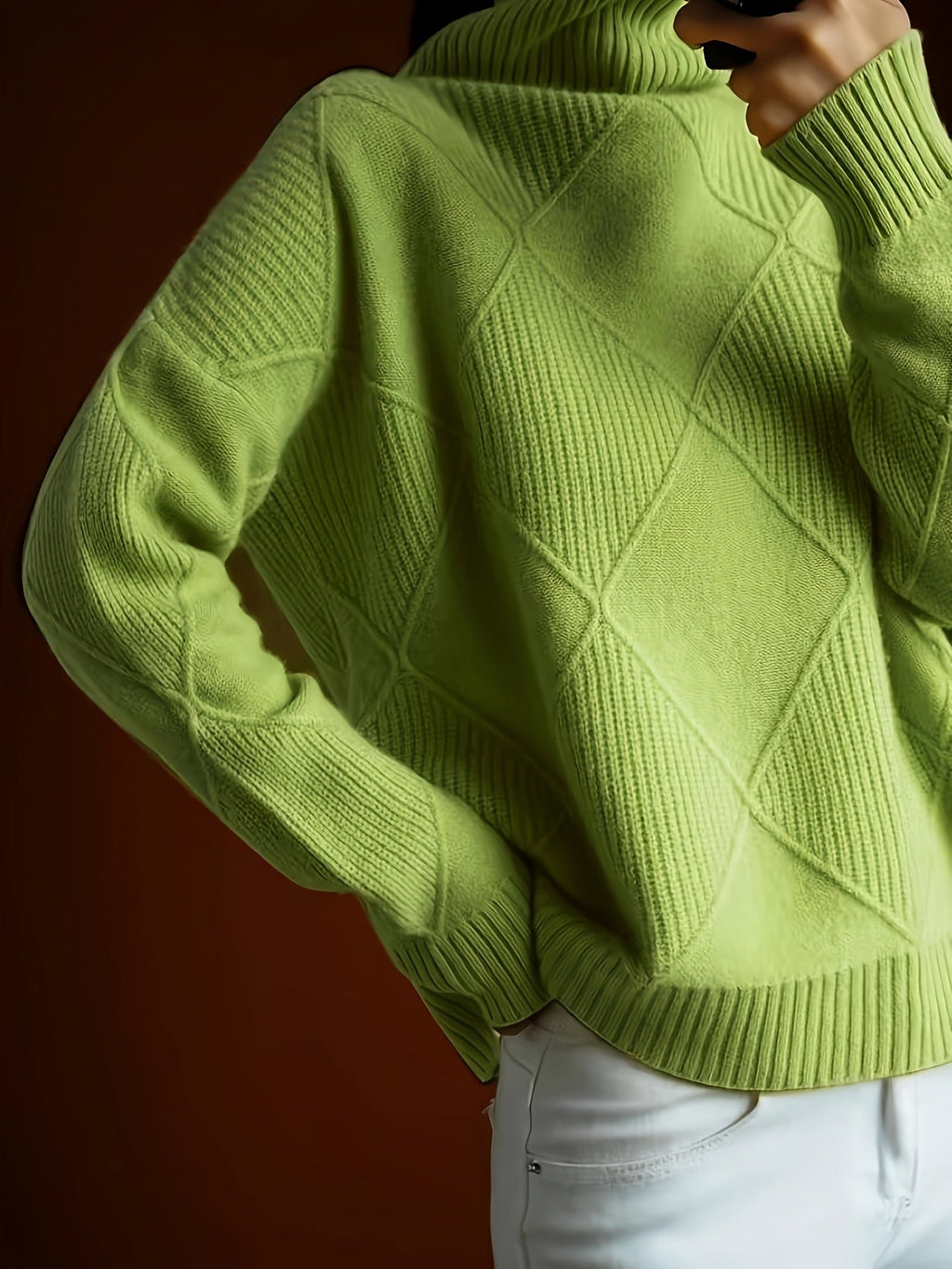 Women's Relaxed High Neck Jumper with Diamond Knit Pattern