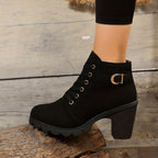 Women's Lace-Front Zip-Side Ankle Boots with Raised Block Heel