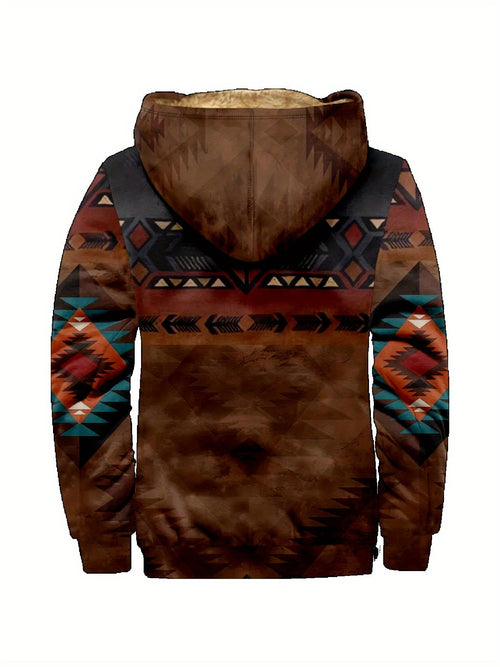 Men's Earthy Southwestern Print Zip-Up Jacket with Plush Lining