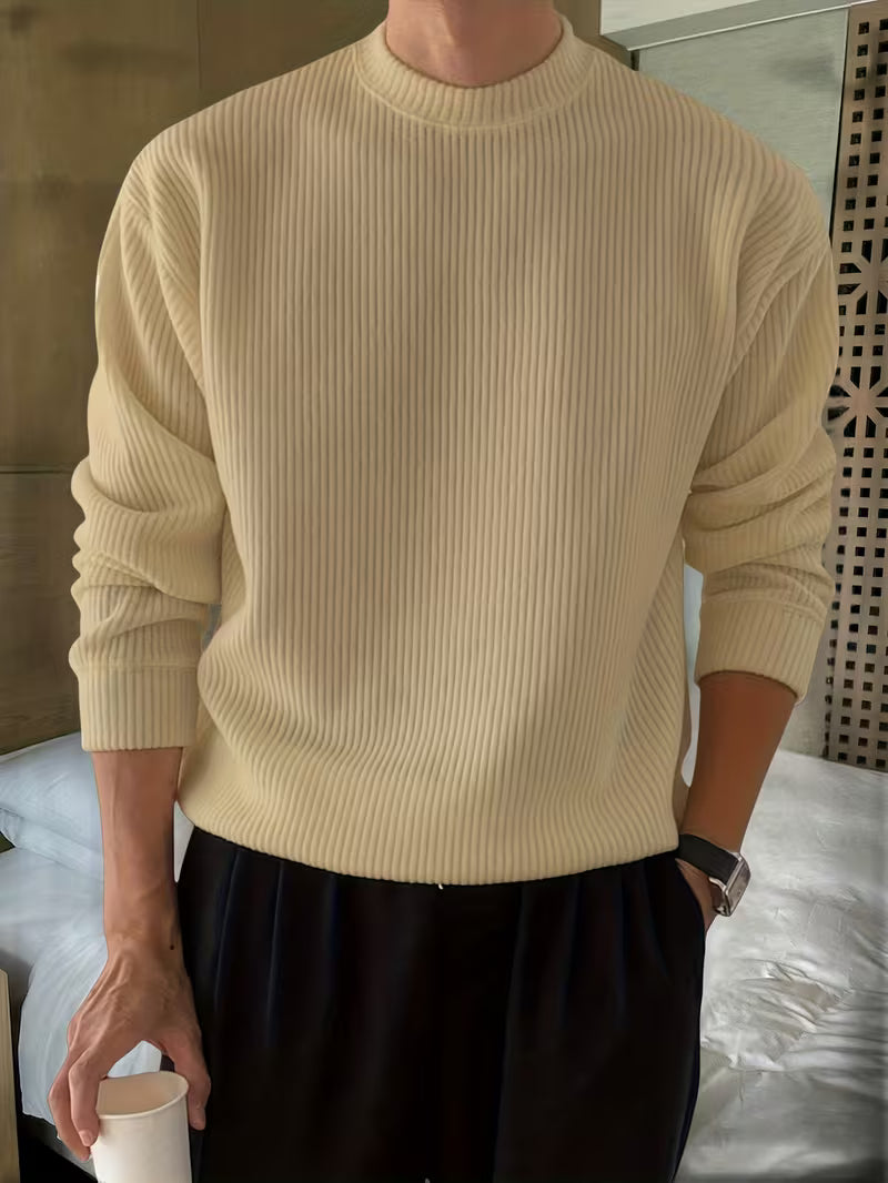 Men's Ribbed Stretch Knit Jumper for Smart-Casual Days - Khaki