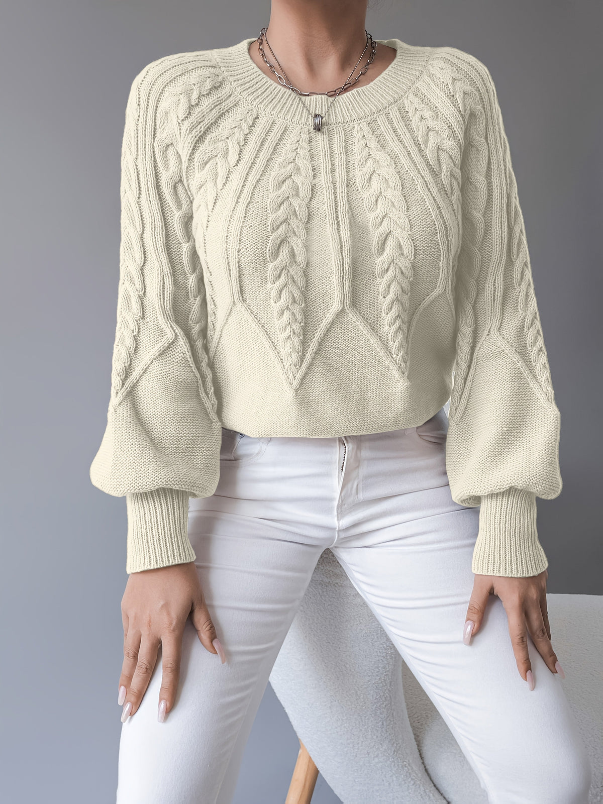 Women's Cable-Knit Jumper with Gathered Lantern Sleeves