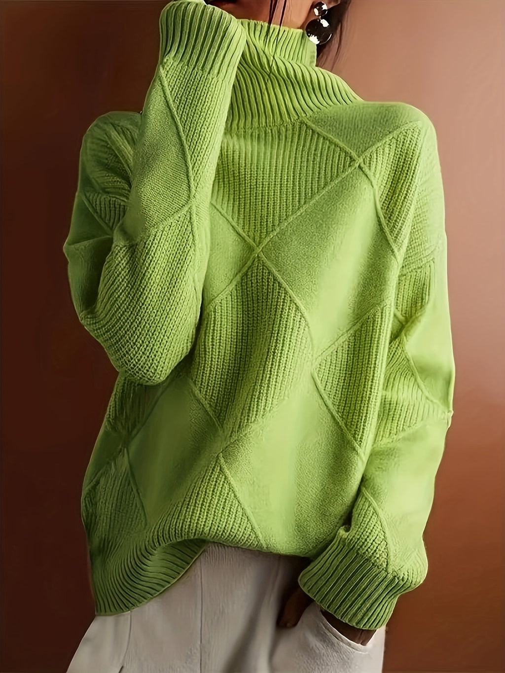 Women's Relaxed High Neck Jumper with Diamond Knit Pattern