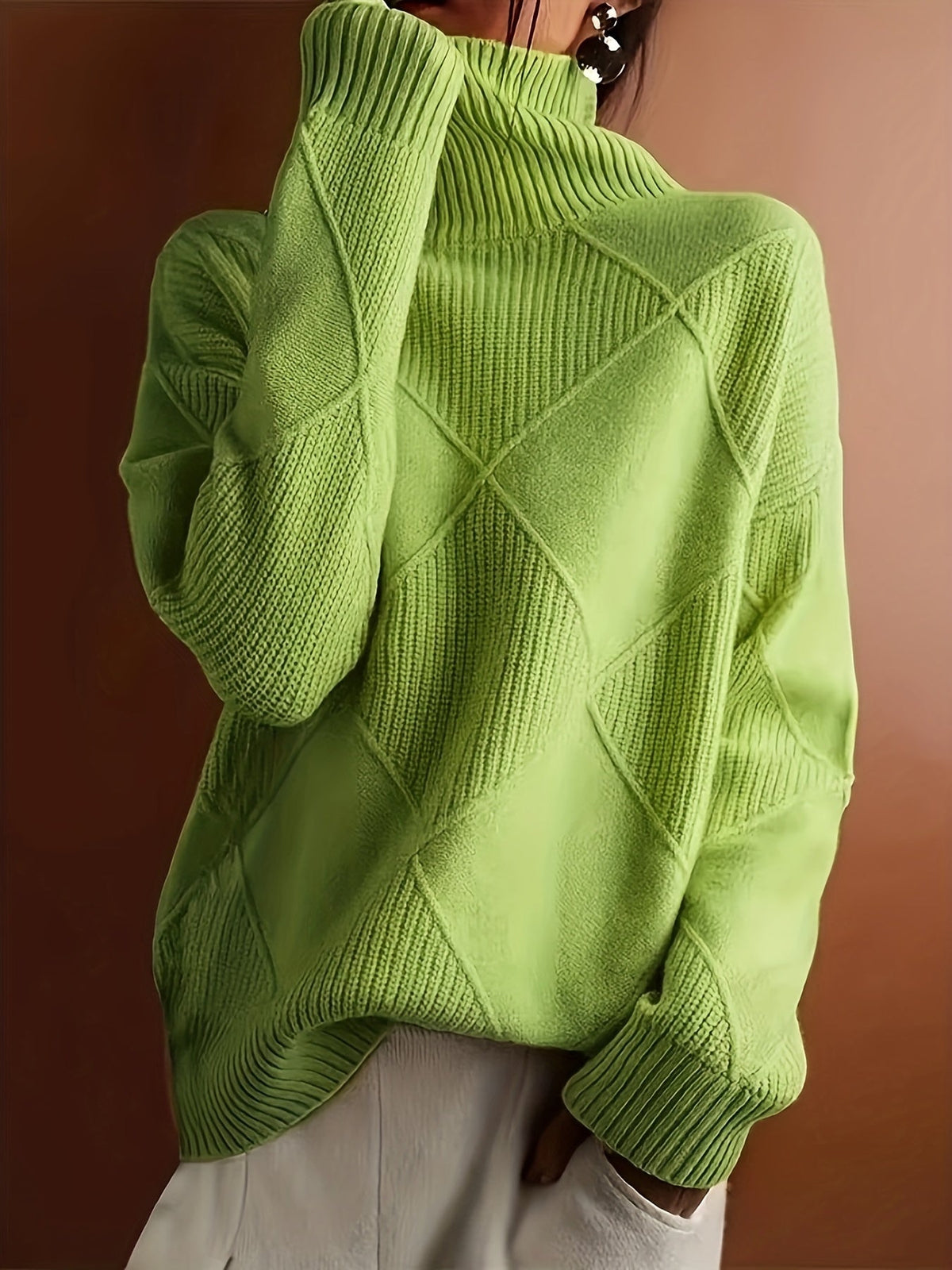 Women's Relaxed High Neck Jumper with Diamond Knit Pattern