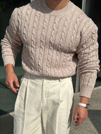 Men's Raised Cable Crew Neck Jumper for Office Layering