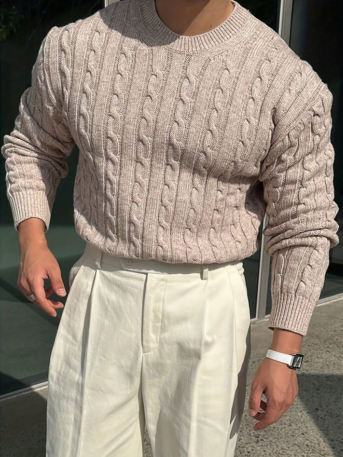 Men's Raised Cable Crew Neck Jumper for Office Layering
