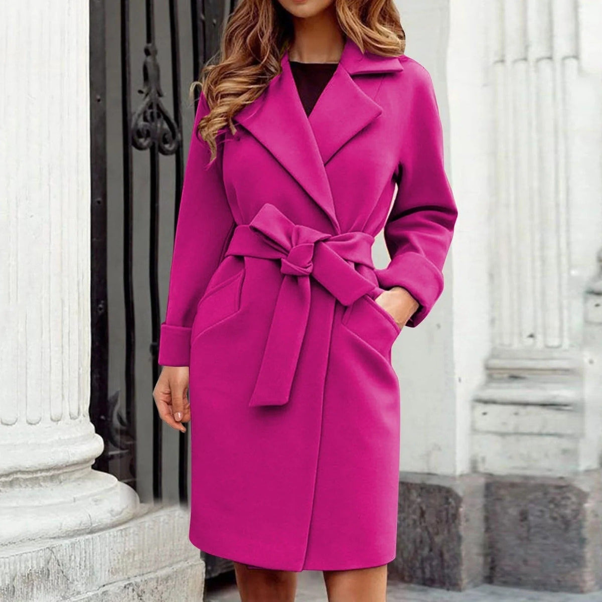 Women's Wool-Blend Wrap Coat with Broad Notch Lapels and Pockets - Hot Pink