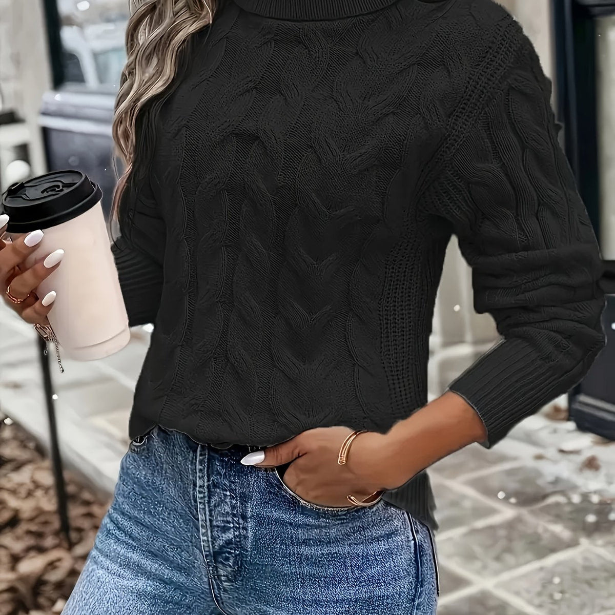 Women's Lightly Shaped Twisted Cable Roll Neck Jumper - Black
