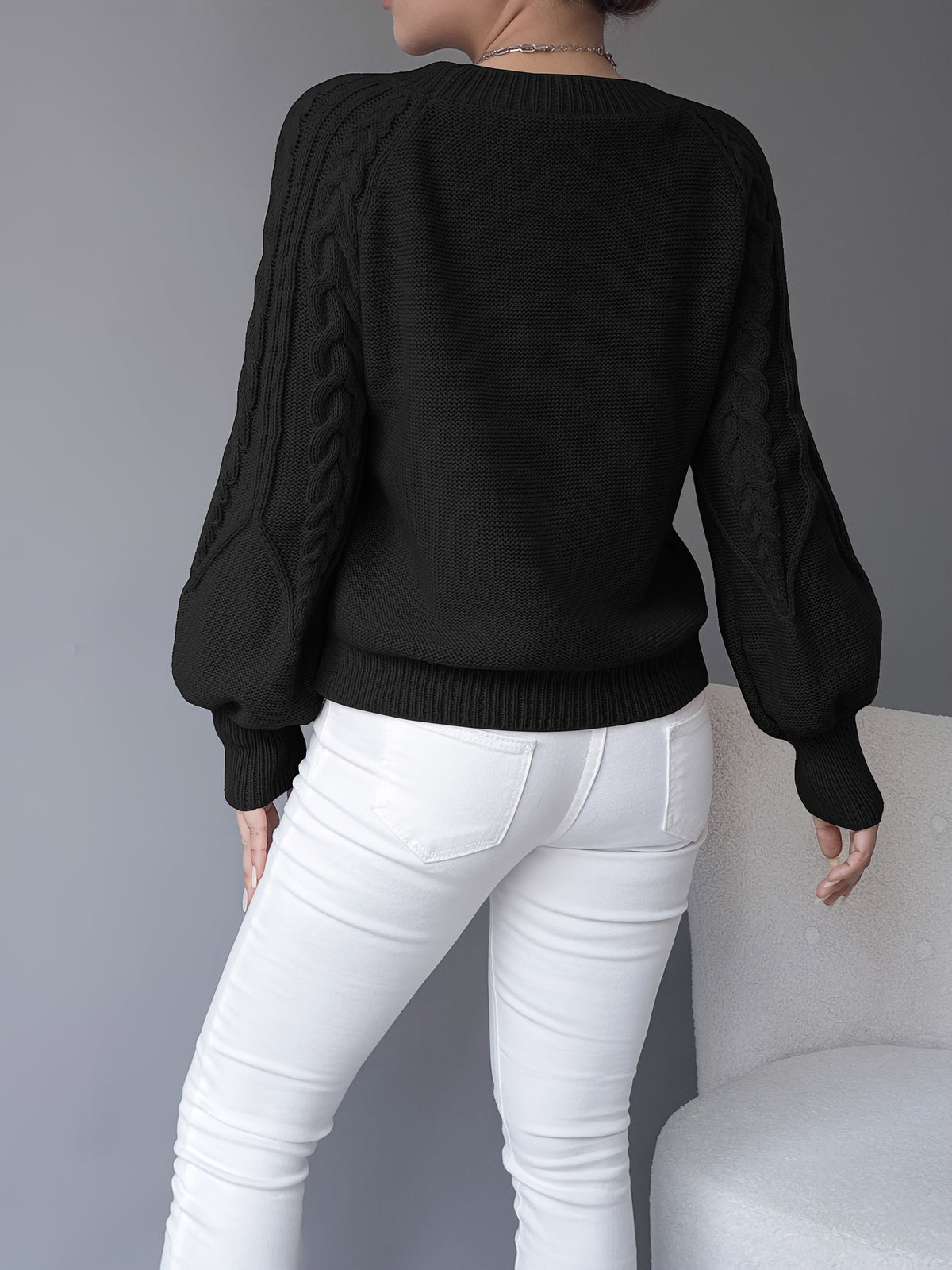 Women's Cable-Knit Jumper with Gathered Lantern Sleeves