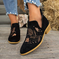 Women's Pointed V-Cut Ankle Boots with Stitched Embroidery - Black