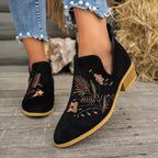 Women's Pointed V-Cut Ankle Boots with Stitched Embroidery - Black