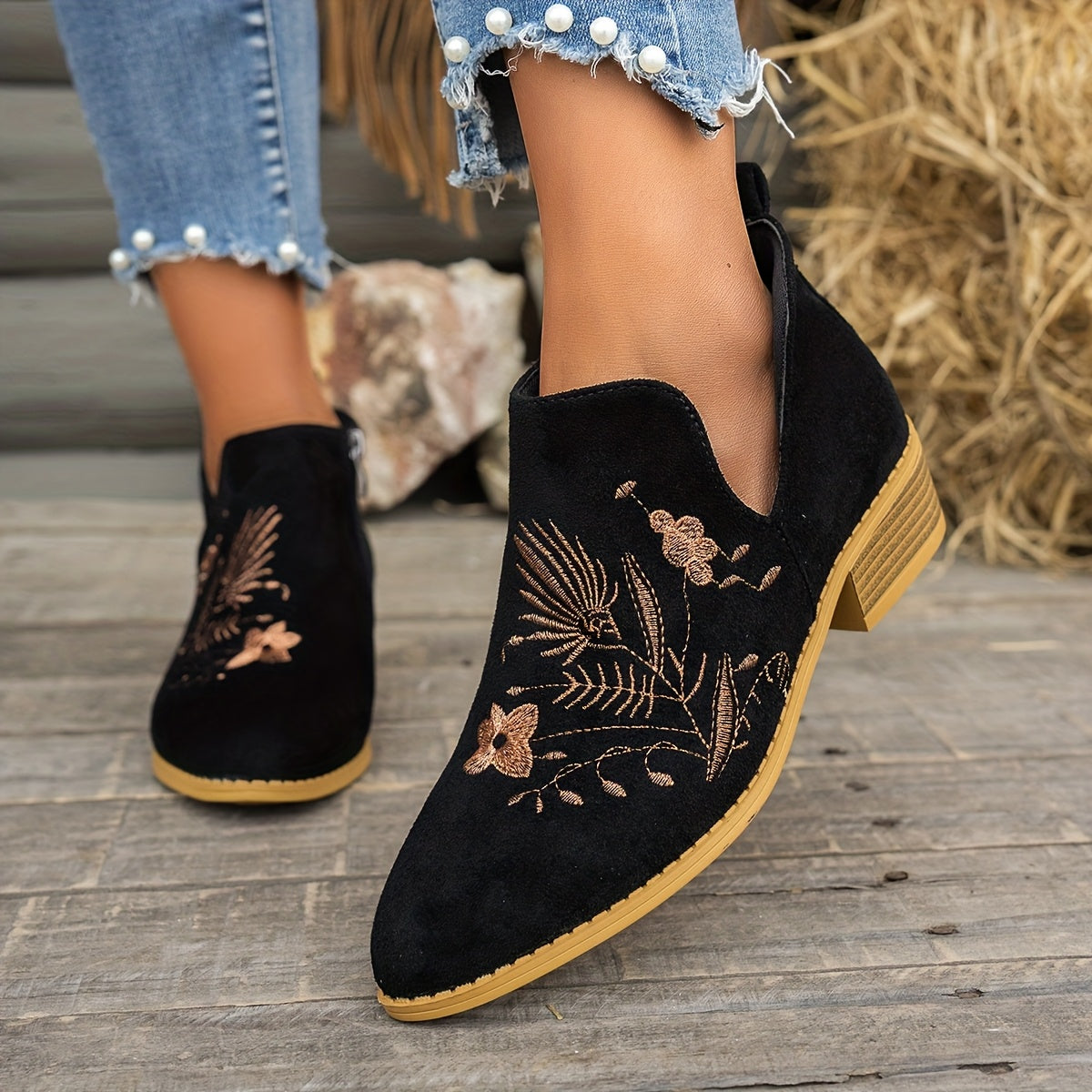 Women's Pointed V-Cut Ankle Boots with Stitched Embroidery - Black