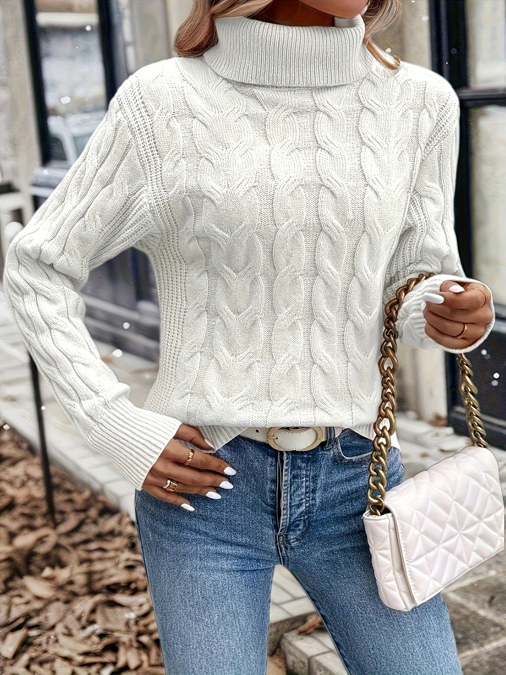 Women's Lightly Shaped Twisted Cable Roll Neck Jumper