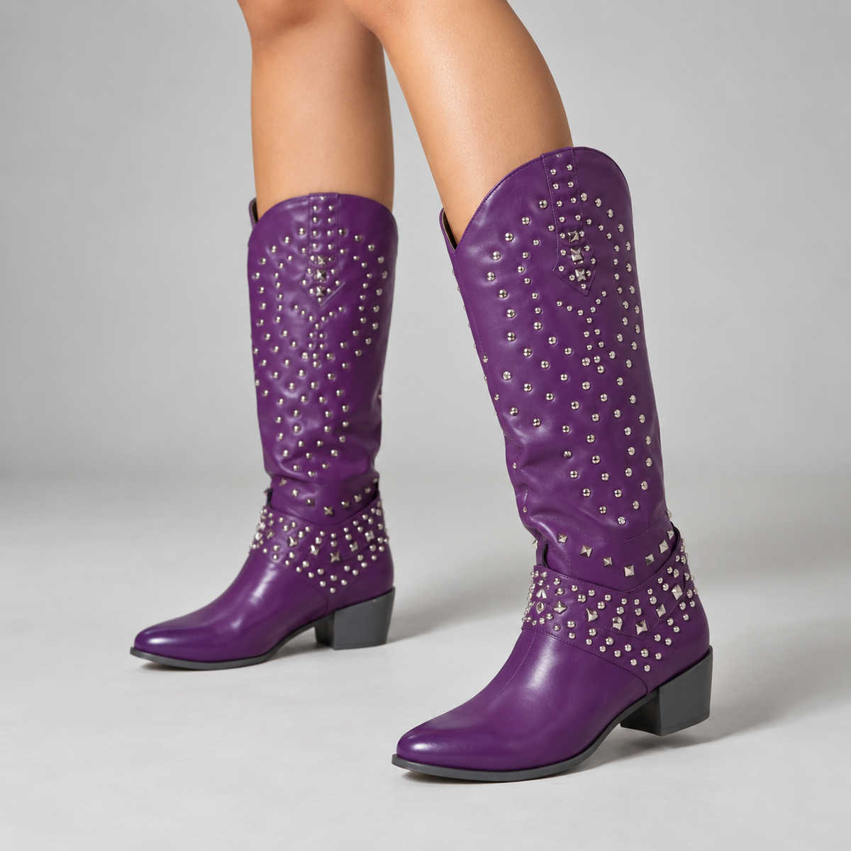 Women's Rivet-Studded Cowgirl Boots with Pointed Toe and Block Heel - Purple