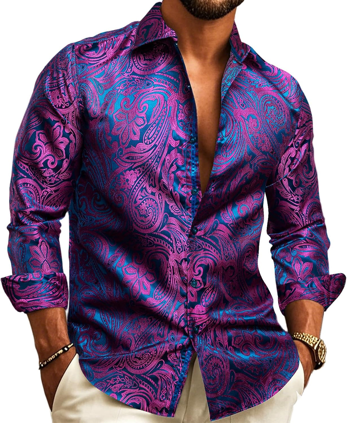 Men's Paisley Jacquard Party Shirt with Silk-Style Finish - Purple Blue